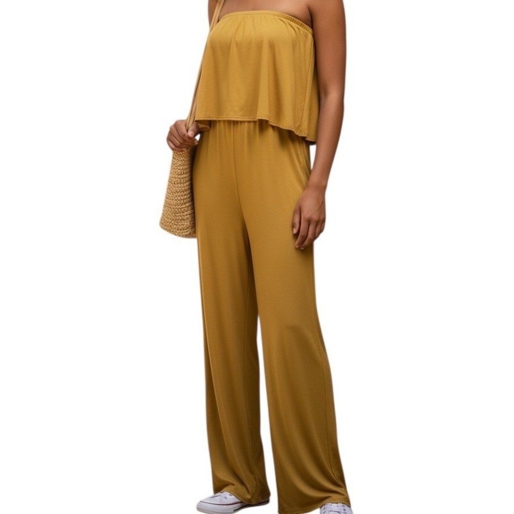 POLLY & ESTHER Mustard Yellow Strapless Popover Wide Leg Jumpsuit NWOT Size XL